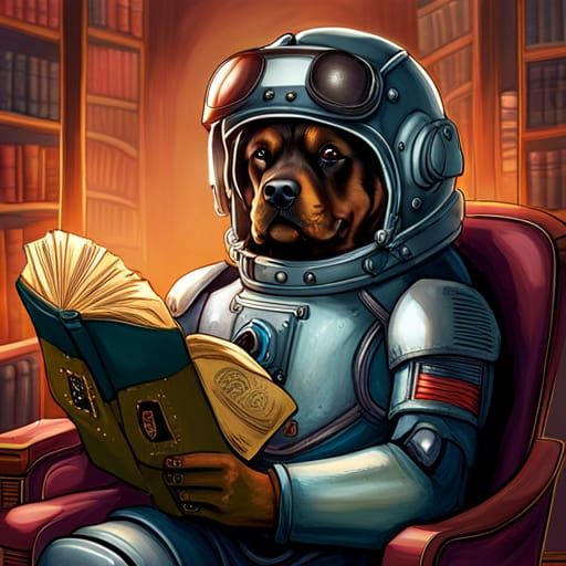 Cyberpunk Rottweiler dog in outerspace reading book. - AI Generated ...