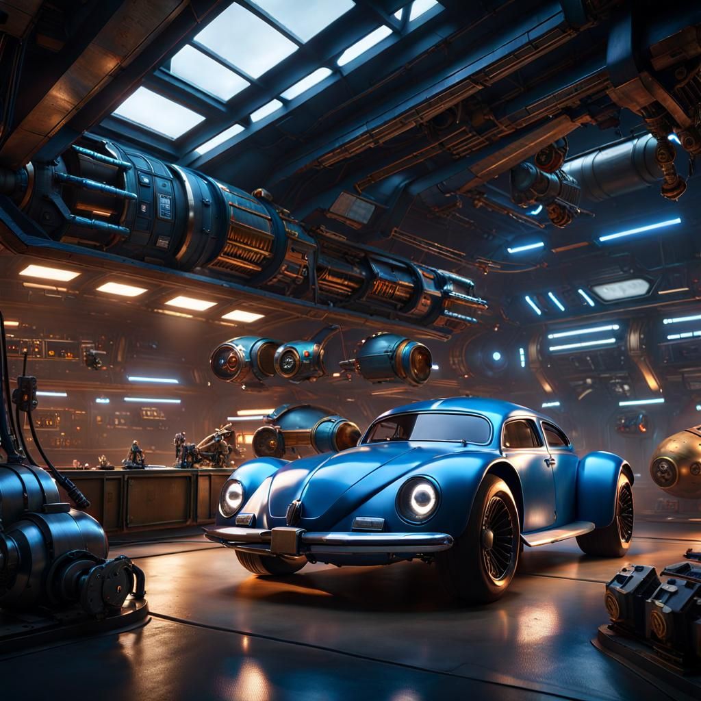 a Mechanical garage housing several blue beetle car