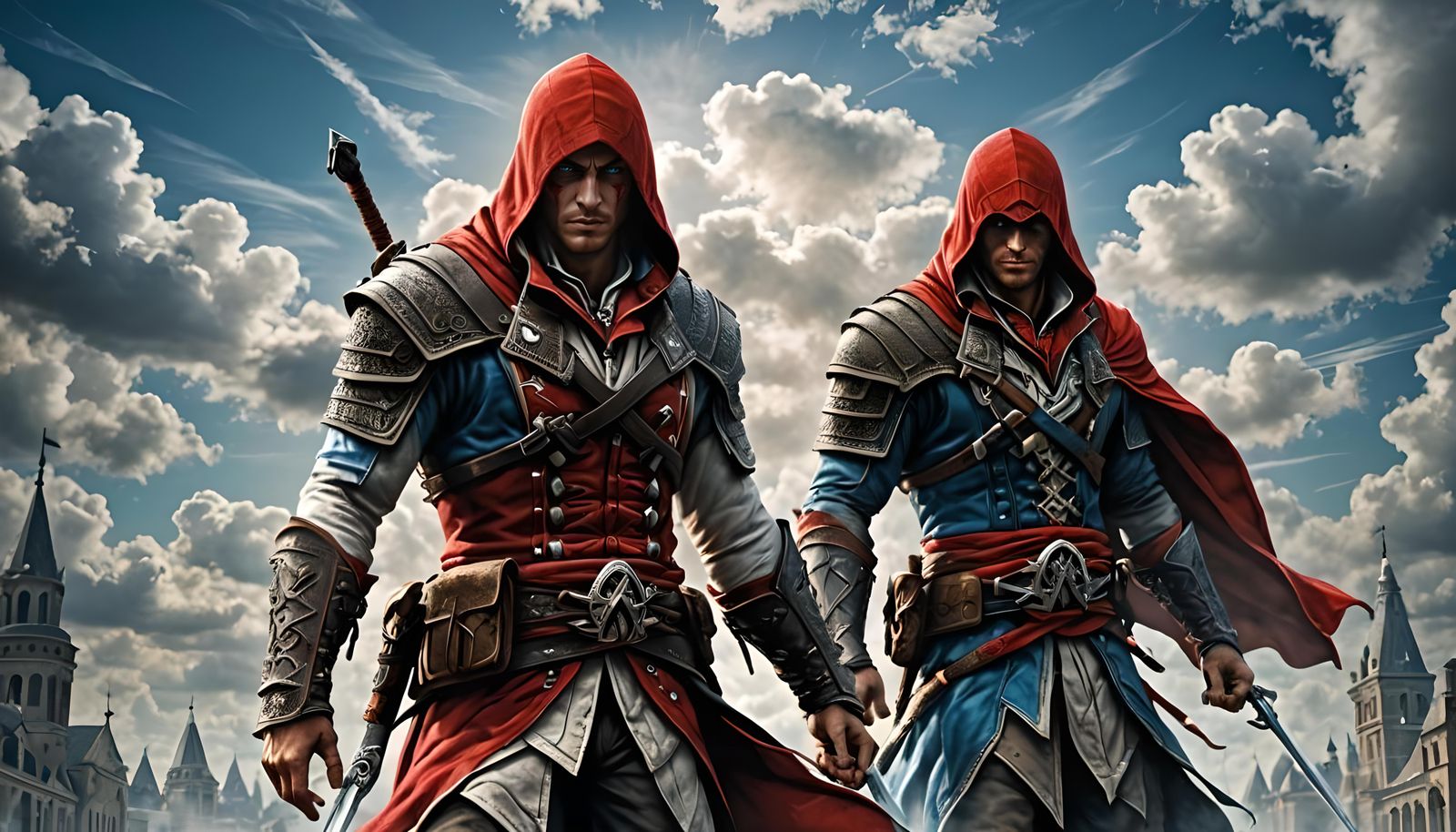 A Red Hooded Assassins Creed Warrior, Muscular, Vivid Blue E...