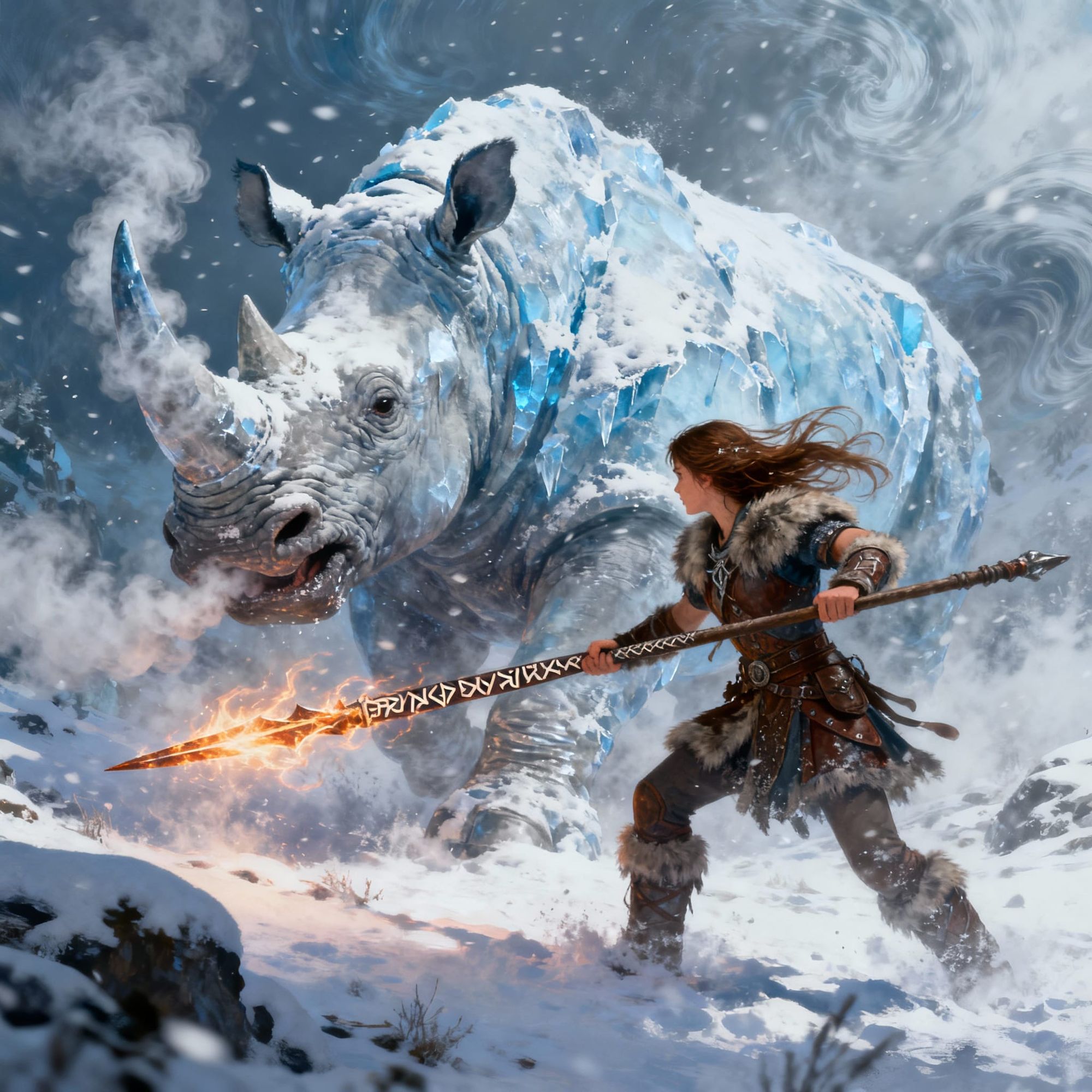 An epic battle scene between a brave warrior and a gigantic snow rhinoceros amidst a harsh winter landscape. A blizzard rages around them, s...