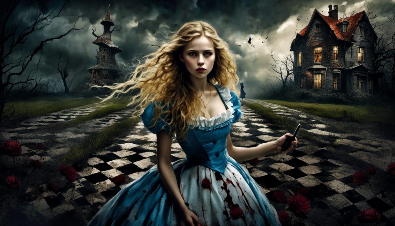 Alice in wonderland, 25 years old goes mad,carries a bloody knife
