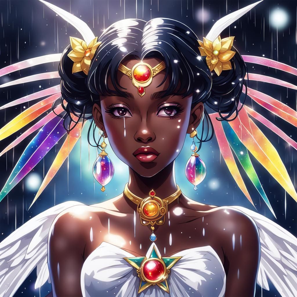 "Beautiful ebony Sailor moon under a cristal rain with a bea...