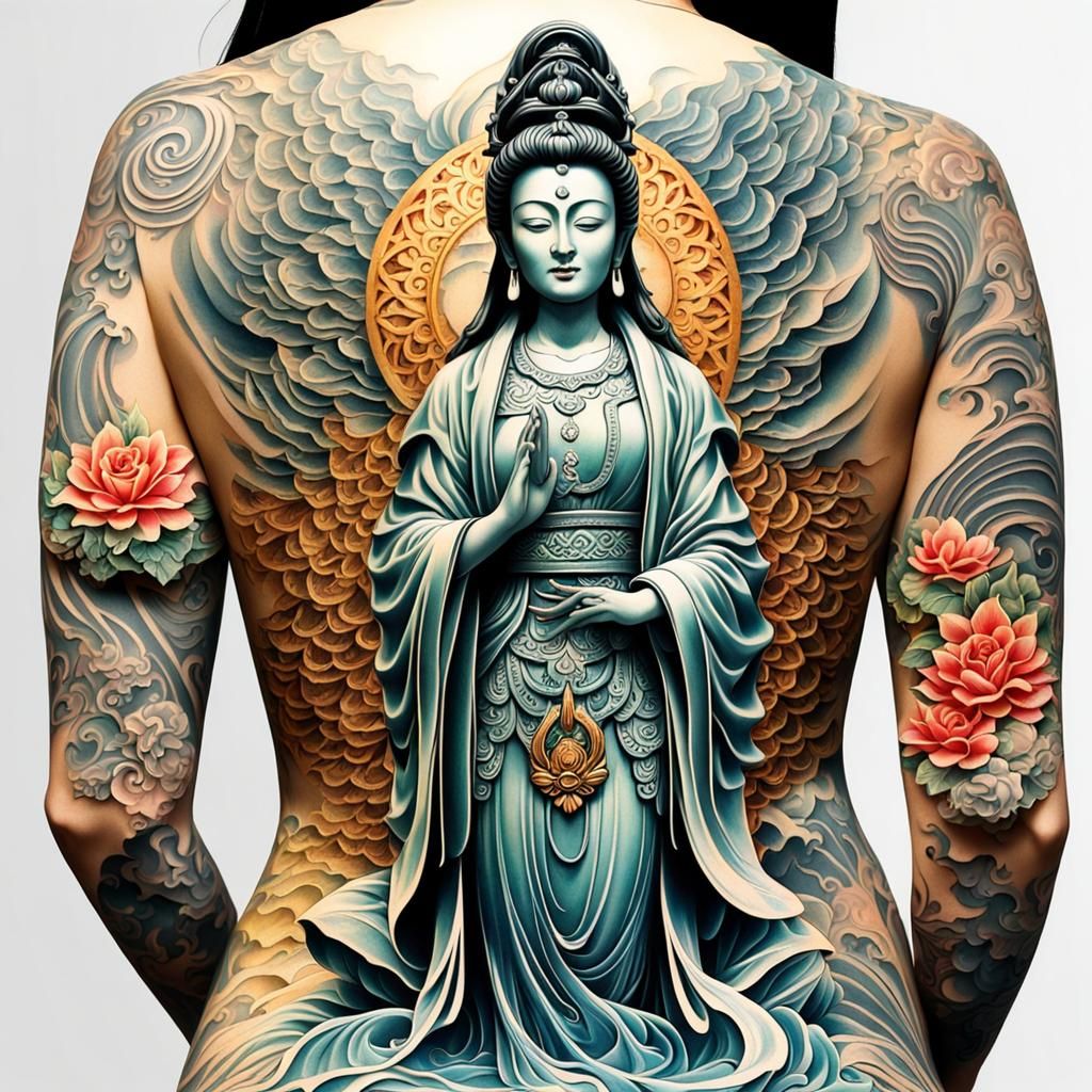 Japanese style tatoo, Kuan yin, - AI Generated Artwork - NightCafe Creator