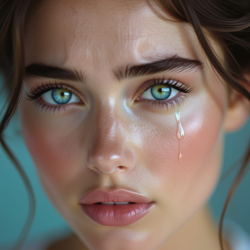 Close-Up Portrait of a Girl's Tearful Blue Eye