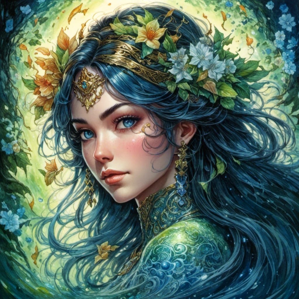 <lora:Female Goblins v1:1.0> half body portrait of a beautiful Sorceress by Dan Mumford, Josephine Wall, and Miki Asai; 