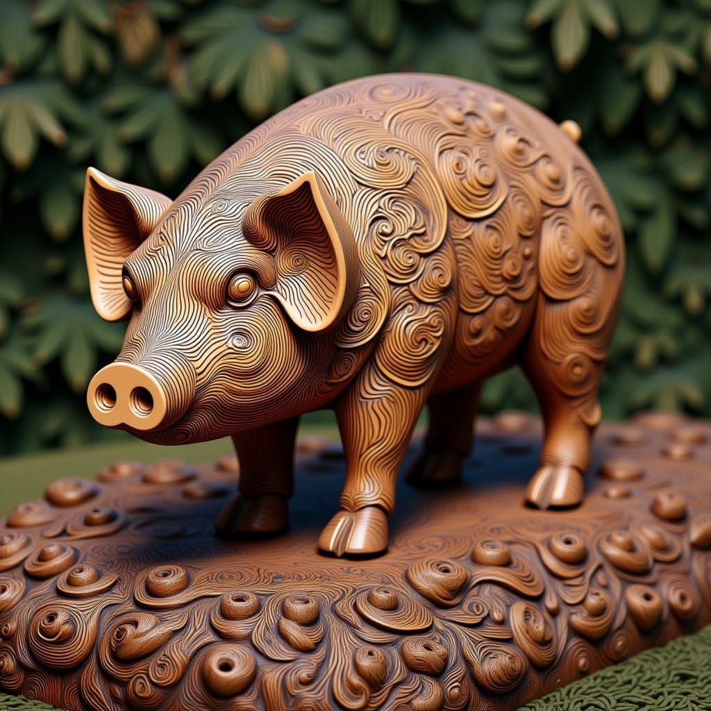 A 3D wooden sculpture of a colorful pig in a garden, the surface carved in relief with intricate designs <lora:Wooden:1.0>
