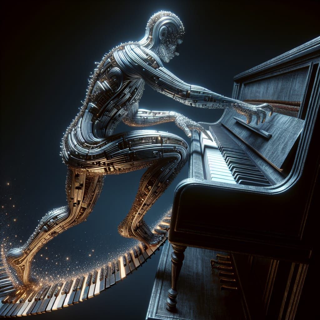 a humanoid made of piano keys, trying to escape a piano, expressive features, surrealistic fantasy figure, ...  by @morr5750
