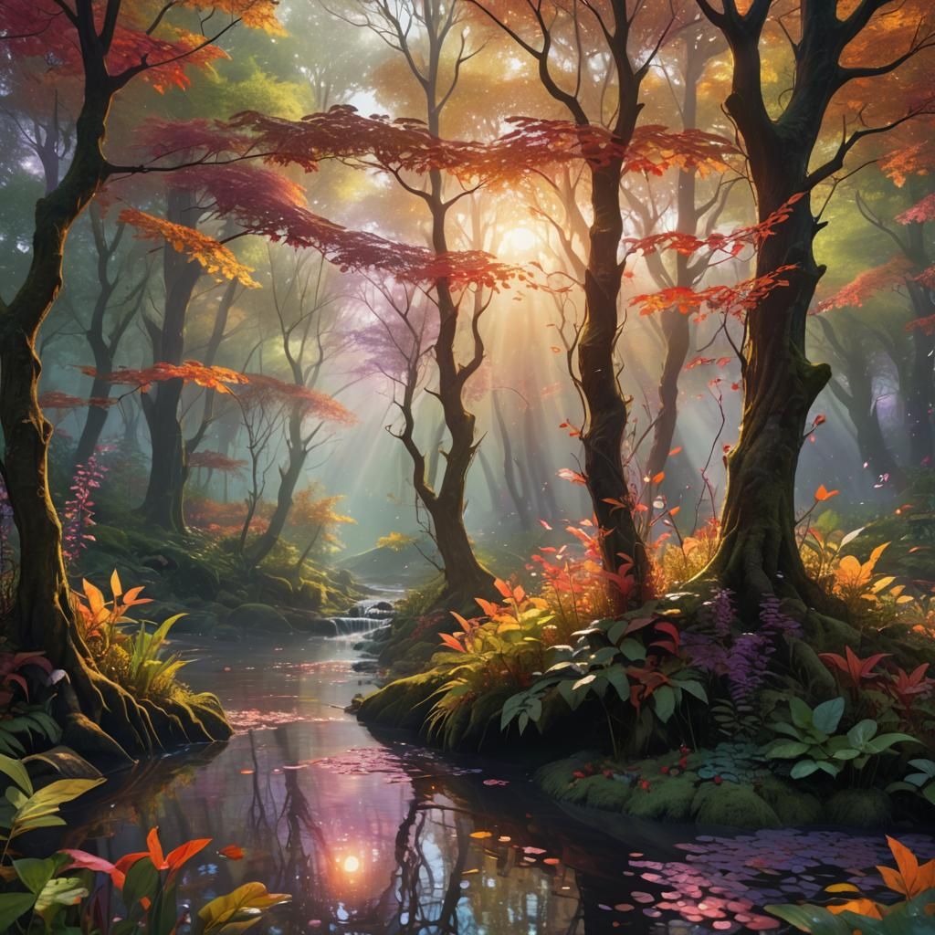 Ethereal fantasy hyper-realistic digital art. Medium shot. A small forest spring winds through vibrant trees surrounded by intricately detai...