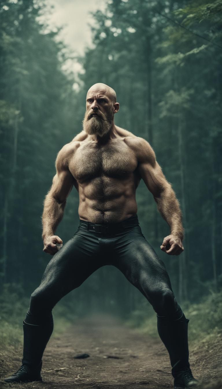 Realistic, small Panther, thunder, hairy man, hairy chest, big blonde  beard, balded man, slavic guy dominates panther, hairy legs, Cinematic... -  AI Generated Artwork - NightCafe Creator