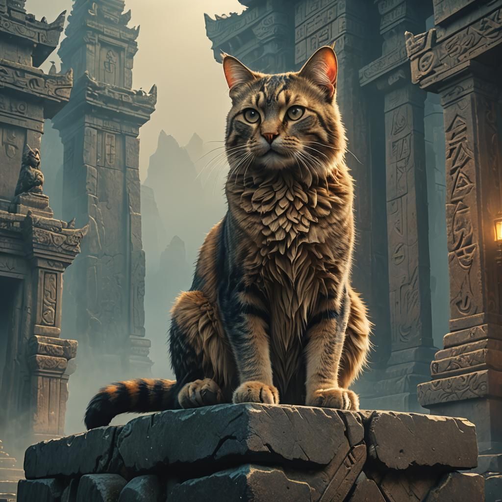 Regal Cat on Stone Pedestal in Misty Temple