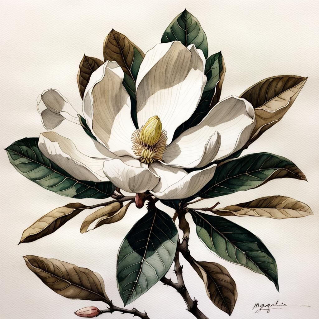 beautiful Magnolia Grandiflora close-up of the flower and the leafs botanical drawing, "Magnolia Grandiflora" ...  by @Dark Magoo