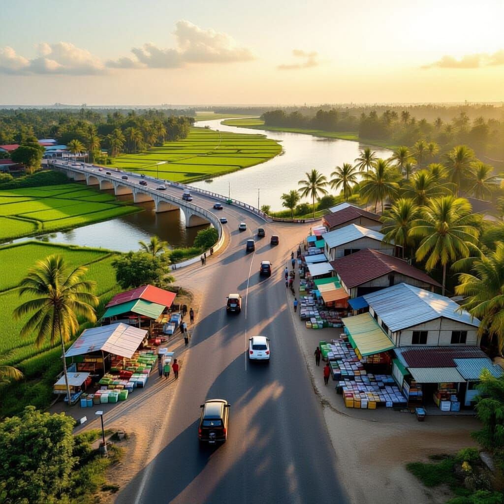 Photorealistic, cinematic high-angle shot of a bustling coastal village in the Bagerhat district of Bangladesh. A smooth, black bituminous c...
