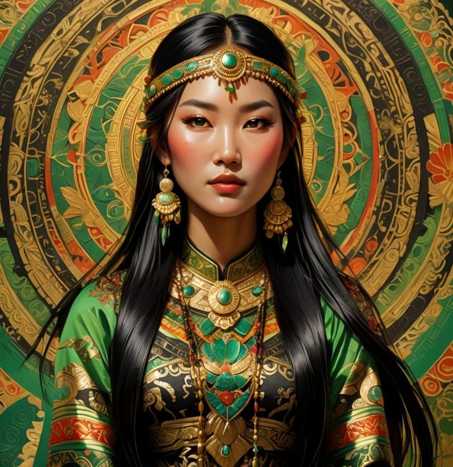 Beautiful Asian Woman - Green & Gold