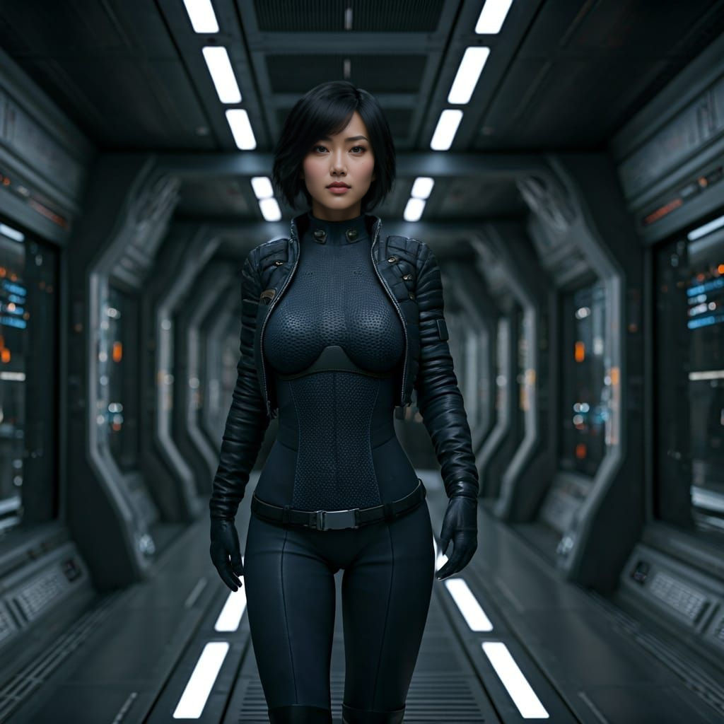 Photorealistic Asian Woman in Spaceship Corridor