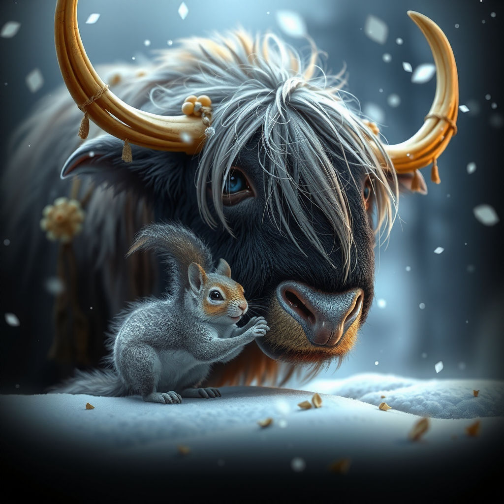 A big Yak and a baby Squirrel