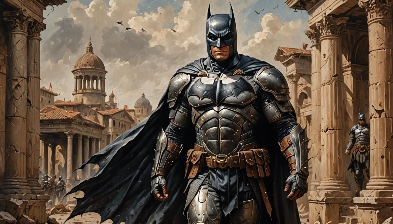 full-body photo, side angle view, 1man, Batman as a Ancient ...