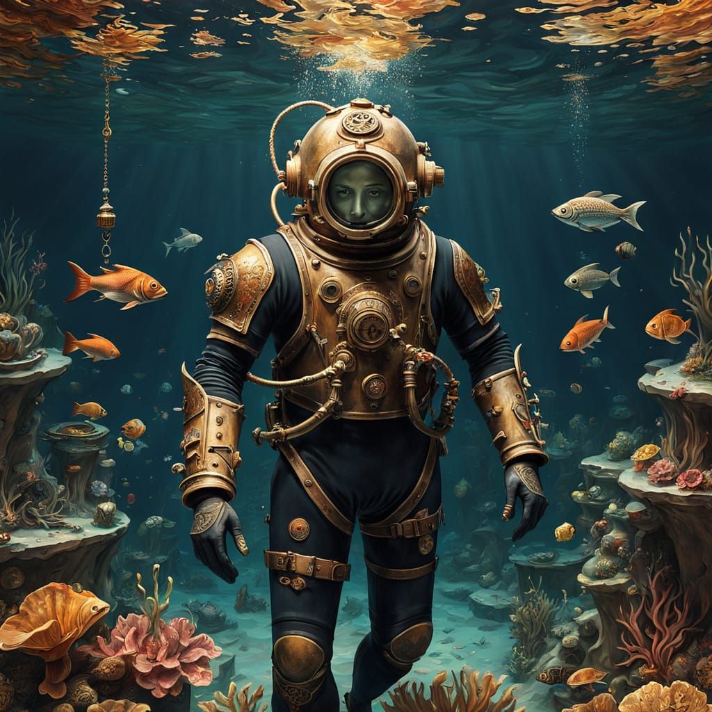 A diver inspects treasures inside an old sunken ship art deco art nouveau rococo architecture Splash ...  by @BINUSH