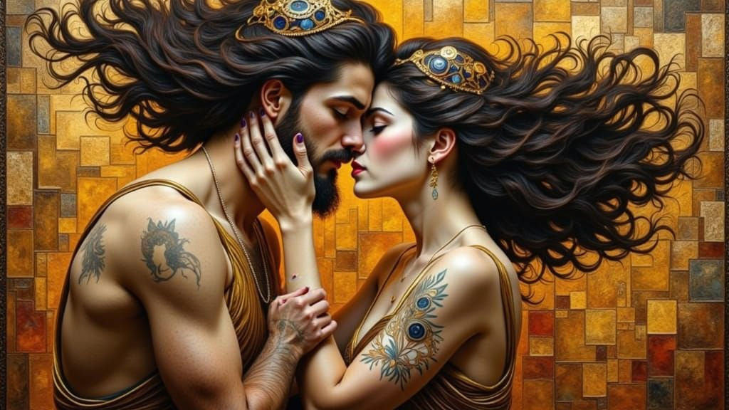 Sensual Kiss in Gallery: Dadaist & Klimt Fusion