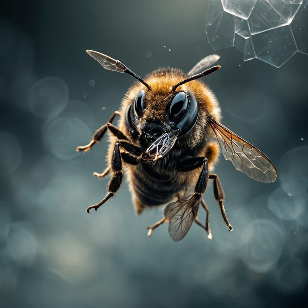 create hyper realistic photo of a bee in a black darkness the bee alomst crystal like from how clear it is Cinematic film still, shot on v-r...