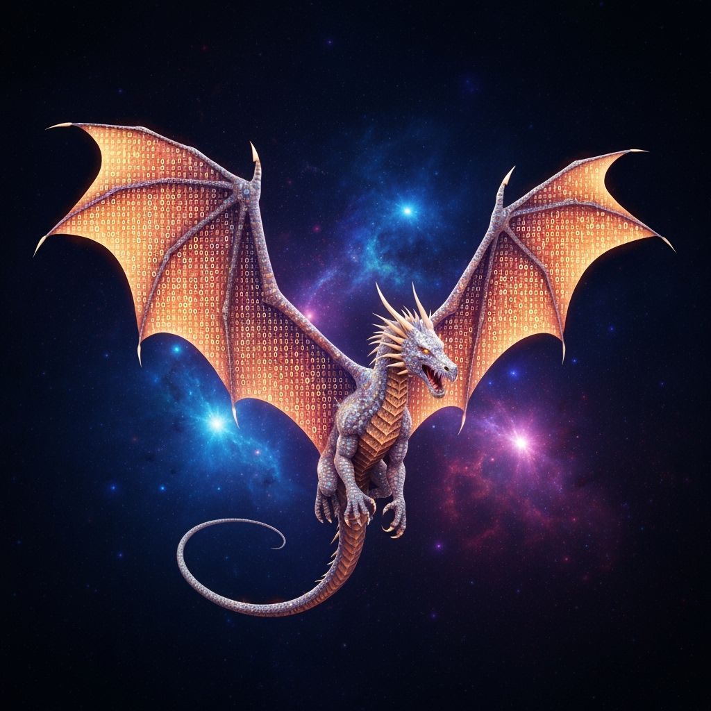 A dragon made out of binary code dragons entire body is made of zeros and ones along with other virtual symbols 