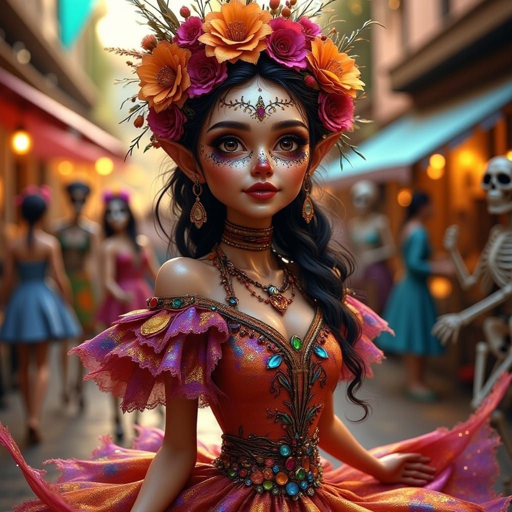 <lora:FANTASY WORLD FLUX:1.0> a beautiful dark haired woman with mexican catrina make up, dancing in the street,dia de los muertos, colourfu...