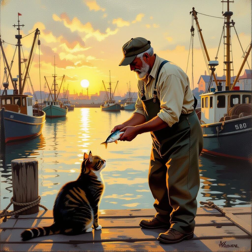 A fisherman feeding his cat a small fish, harbor, late afternoon 