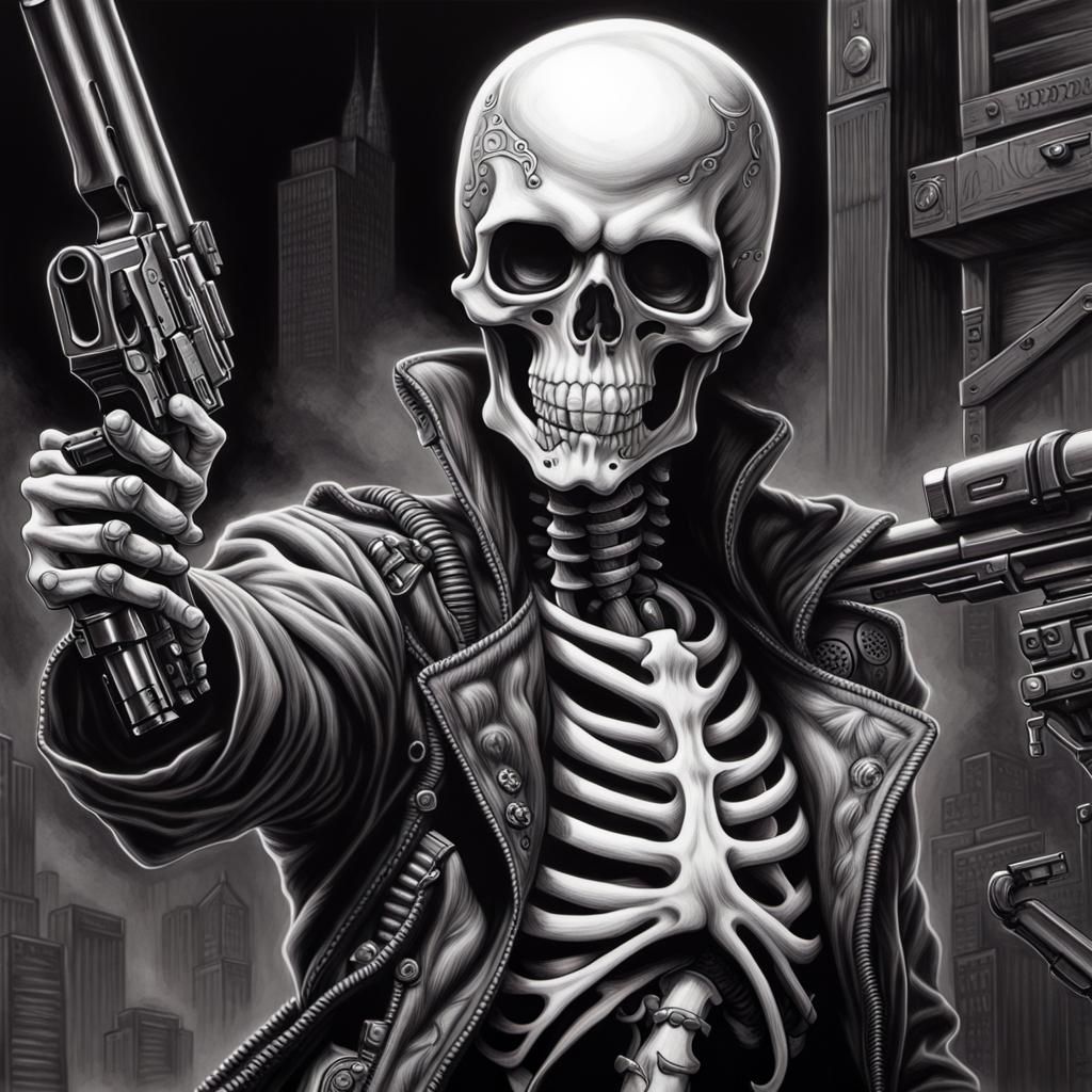 a black and white drawing of a skeleton holding a gun, cyberpunk art ...