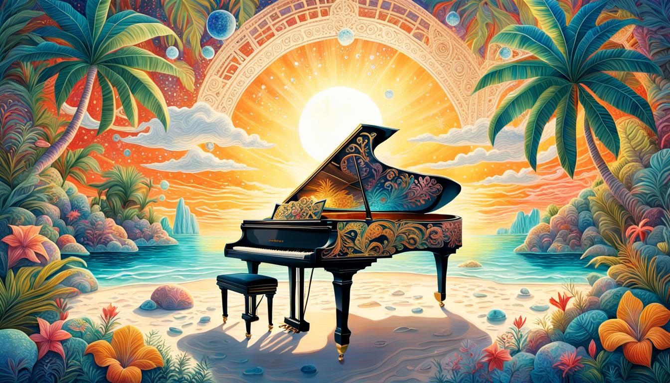 Cosmic Piano on Tropical Beach in Surreal Style