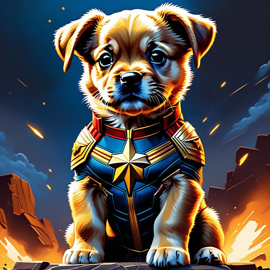 A puppy as Captain Marvel  by @latino
