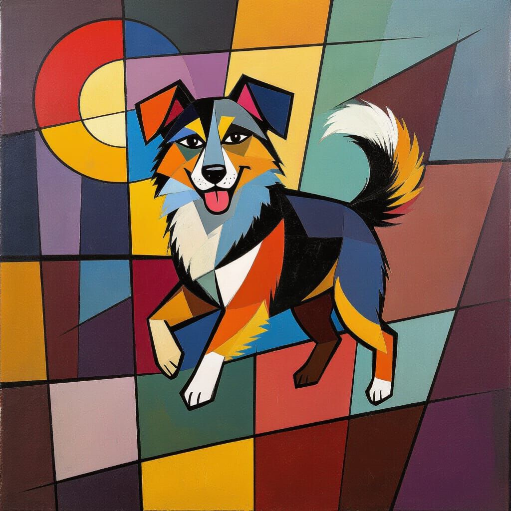 Dog Swimming Under Pastel Sky in Cubist Style