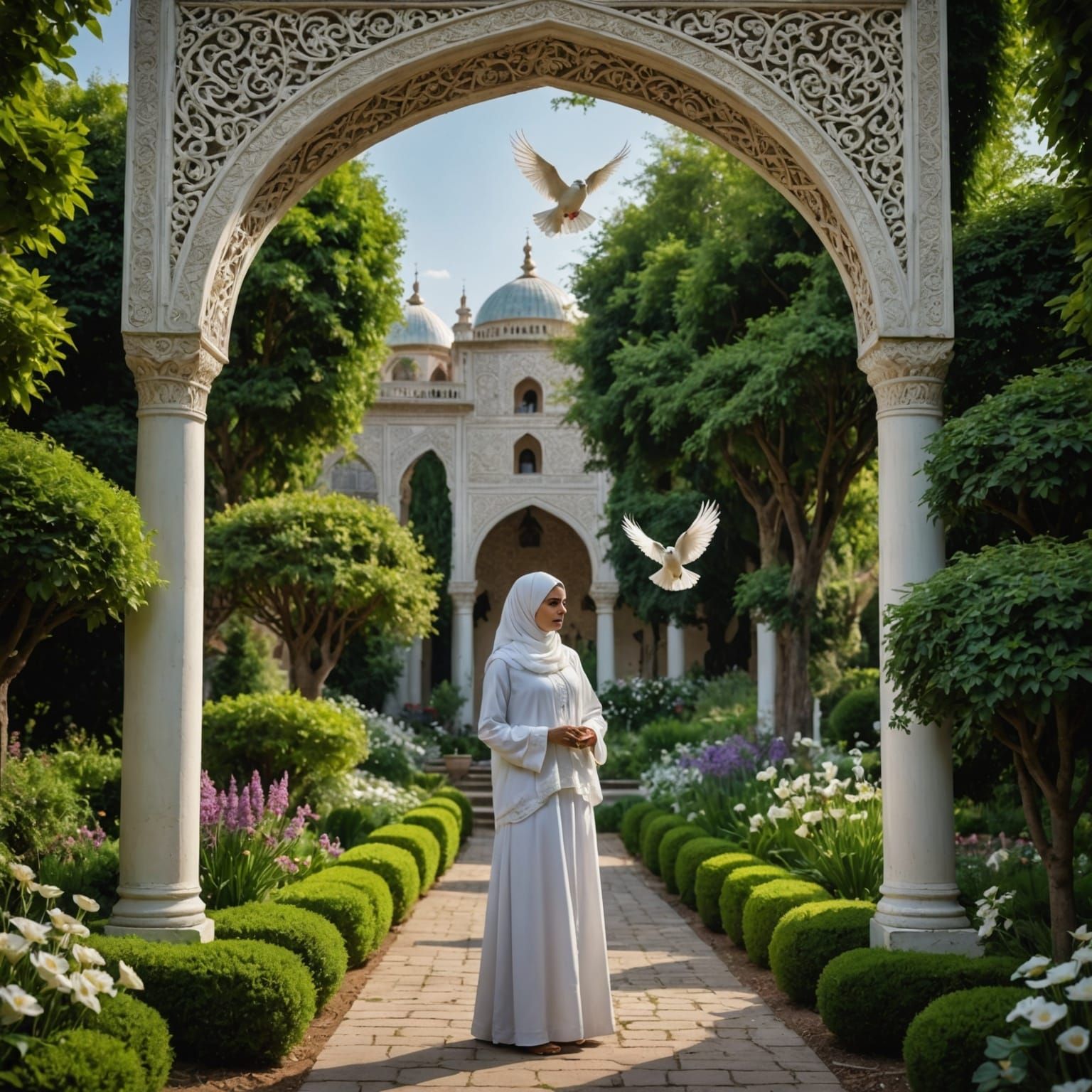 A muslim woman in white, holding a white dove, beneath an arch in a beautiful garden. 