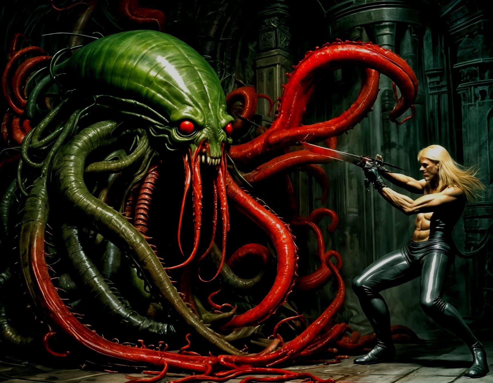 
The red and green tentacled monster attacks blond man 
