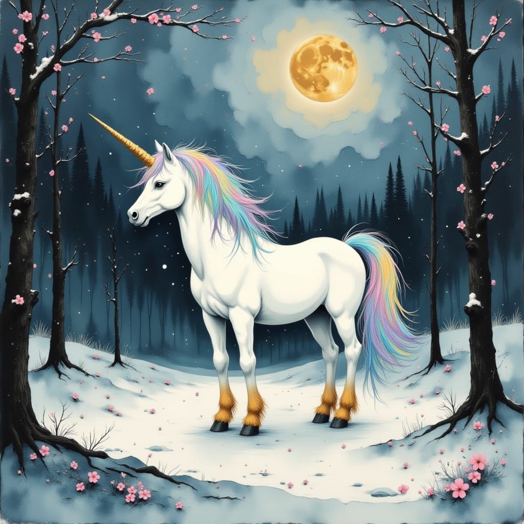 White Unicorn in Moonlit Winter Forest