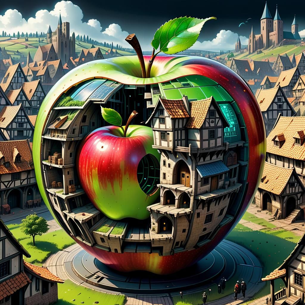 a cutaway of a cyberpunk apple showing a medieval village in...