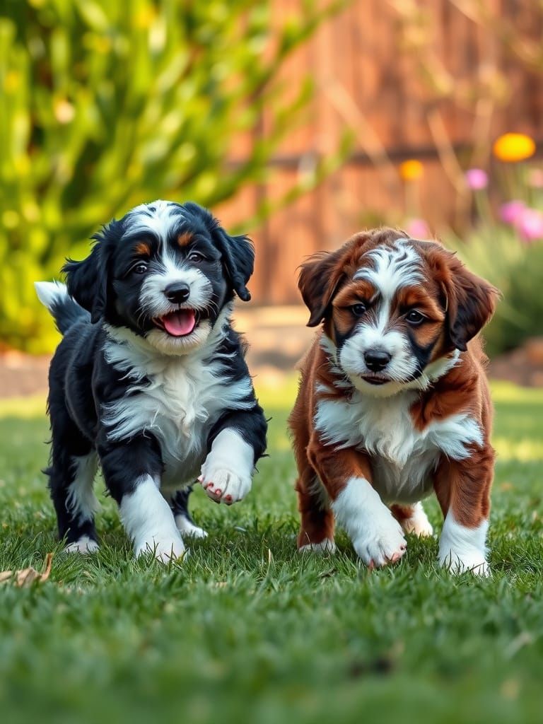 Multi color tones. Photo realistic. 
Landscape art piece.  Full sun.
two Aussie doodle puppies playing in the yard playing. One black and wh...