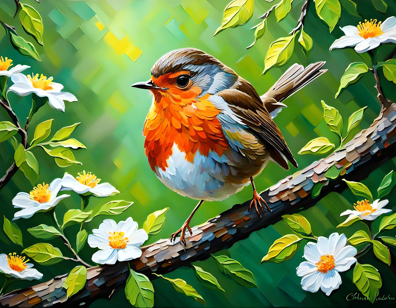 European robin in forest, springtime, flowers all around  by @tsahel