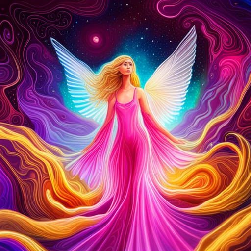 psychedelic angel flying. beautiful pink dress, golden hair and eyes ...