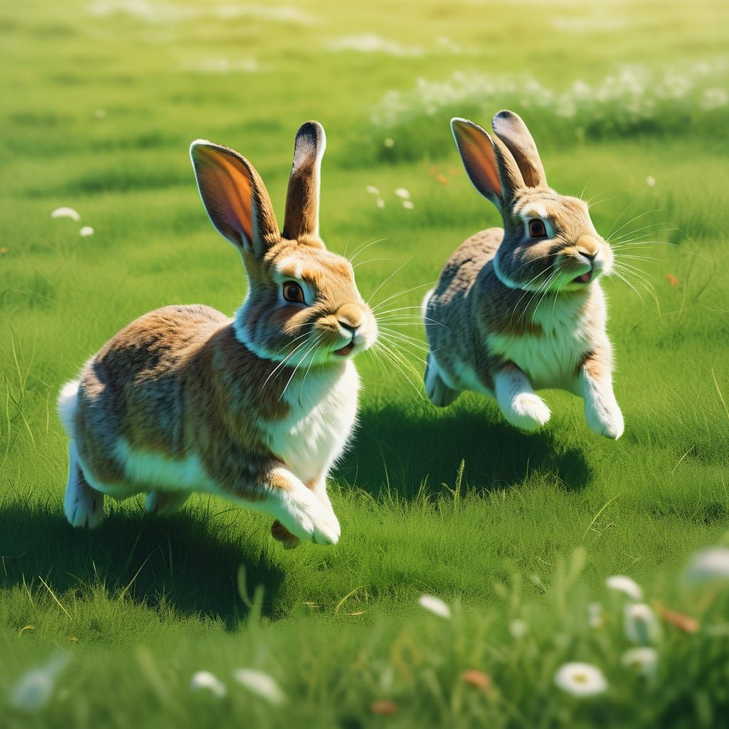 Cute Rabbits Running in a Vibrant Meadow, Digital Art