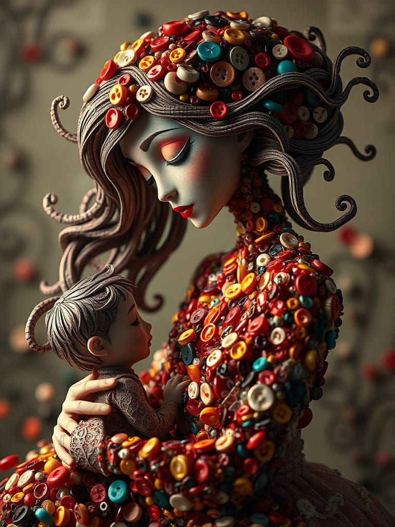 a sculpture of a beautiful woman and her child made entirely of various colors of buttons and tissue paper, her hair is made entirely of mel...