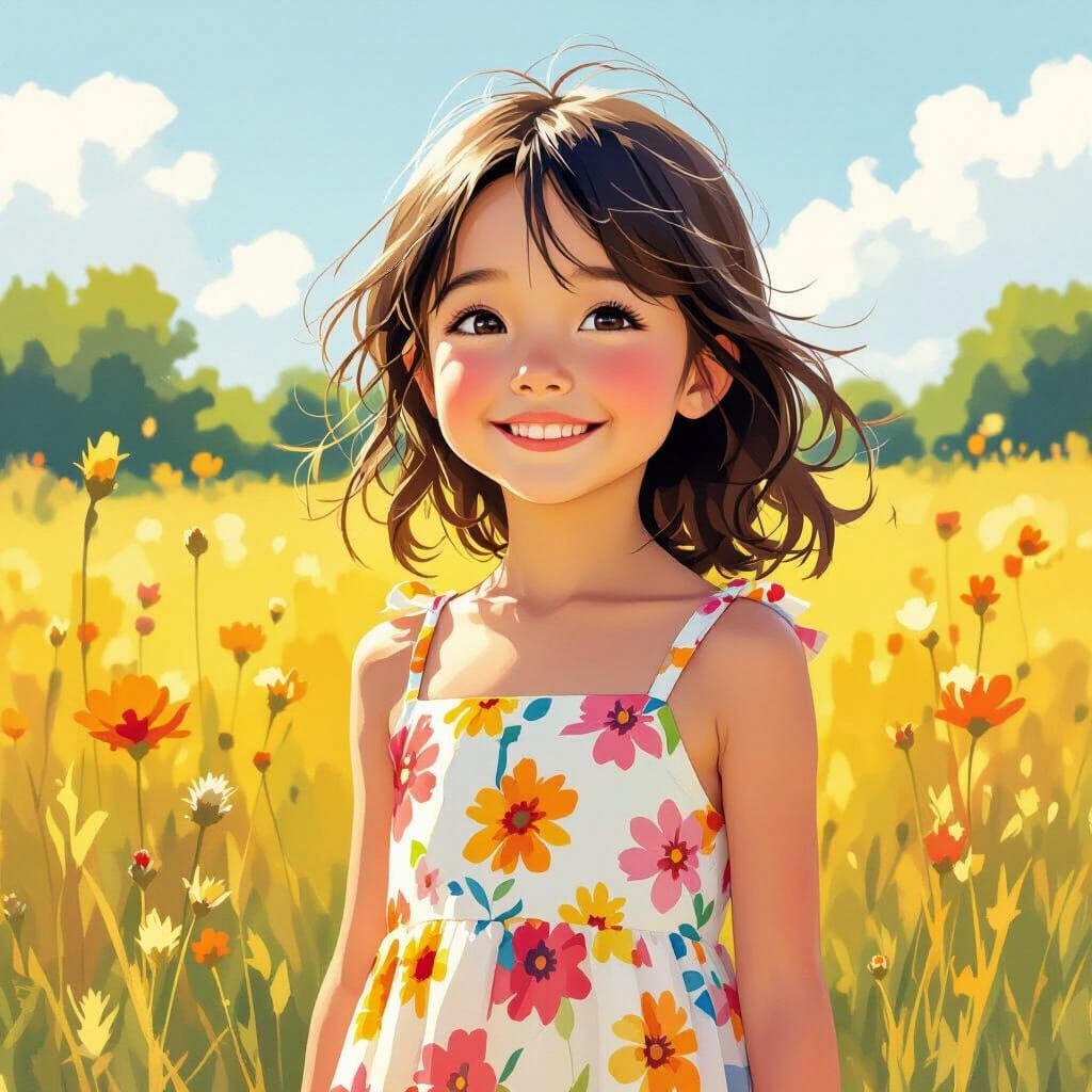 Smiling Girl in Sunny Field, Animated Style