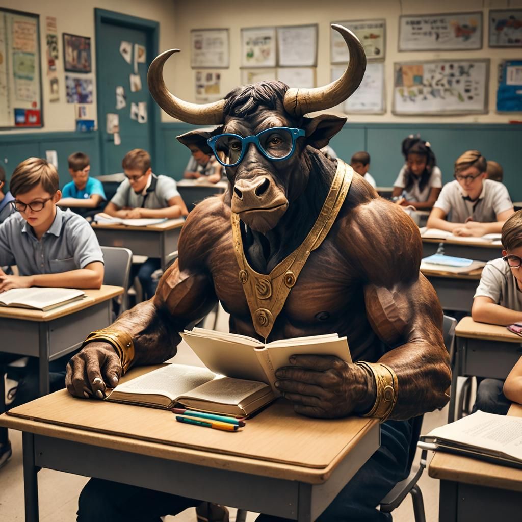 Minotaur waiting for class to begin