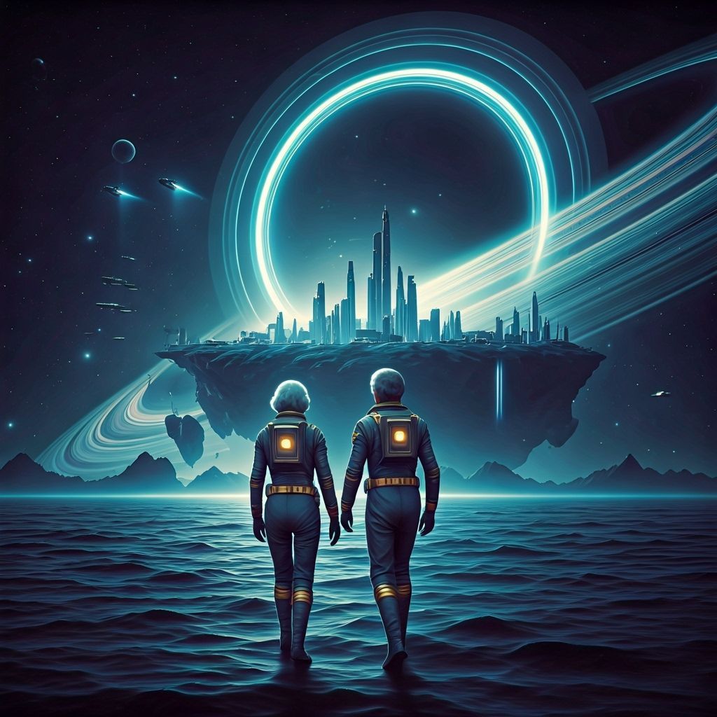 Elderly Couple Tend Futuristic City in Space