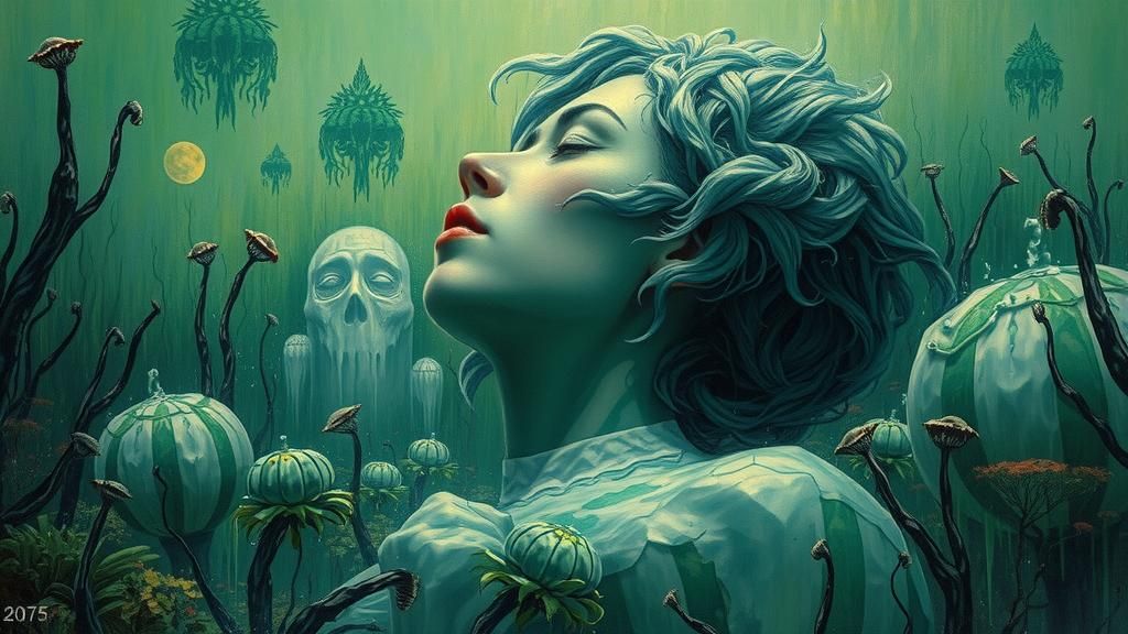 Le choix du silence dans un monde vert, en 2075 à la façon de Leonor Fini #surréaliste #vert #monde imaginaire #green