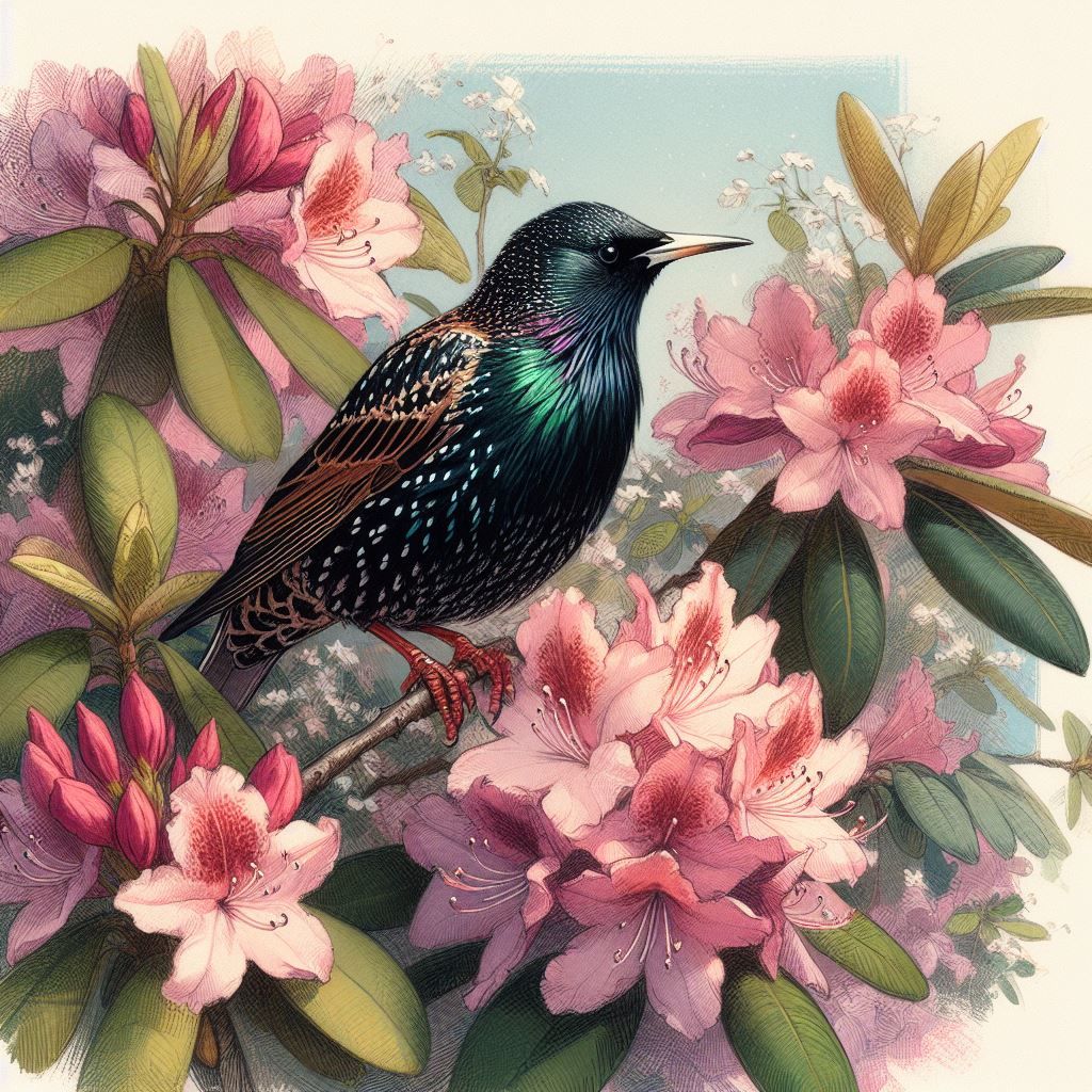 Starling in a rhododendron