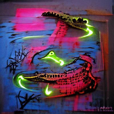 a crocodile eating a bird acrylic art dye-transfer glowing n...