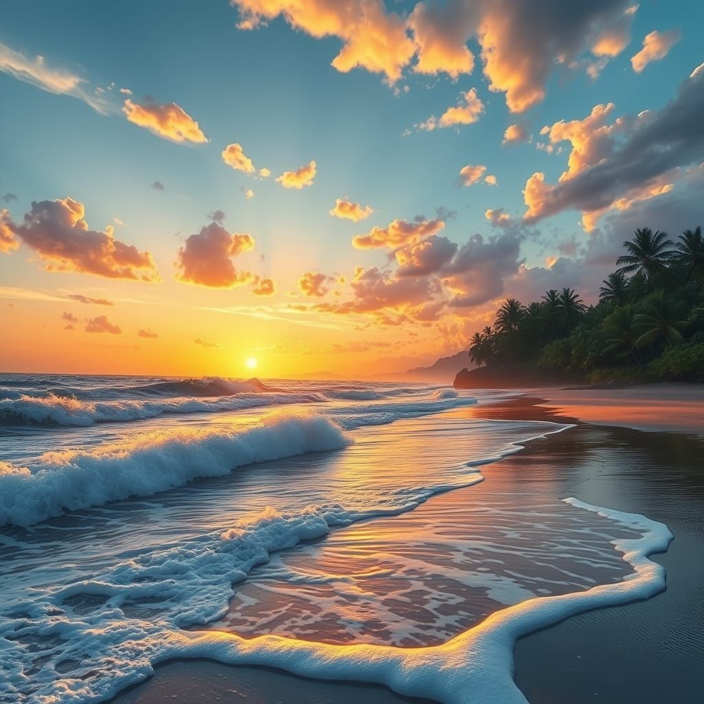 Sunset Beach Scene in Vibrant Oil Painting