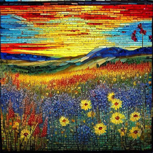 Stunning stained glass mosaic Sunset over field of intricate wildflowers. <lora:My Style:1.0> 