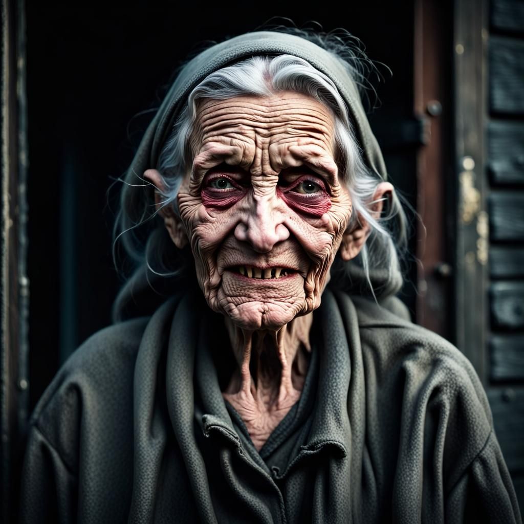 Ultra realistic portrait of a haggard old woman with an evil...