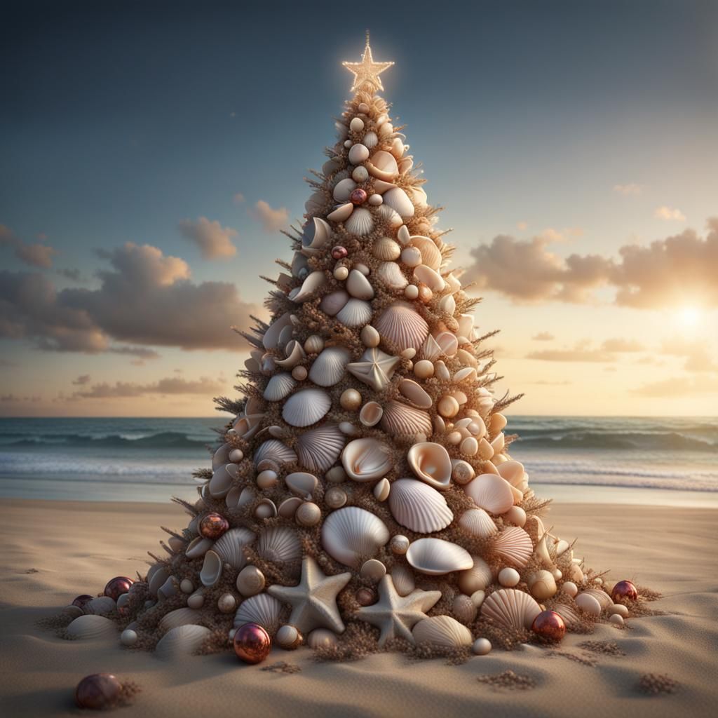 a christmas tree made entirely out of shells on the beach  by @pspangel