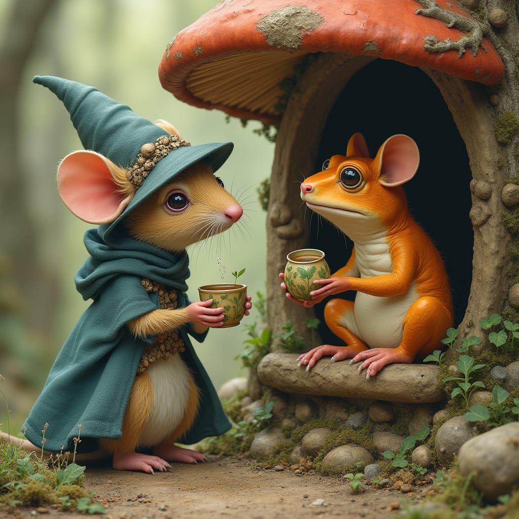 Whimsical Wizard Mouse Sips Tea with Intellectual Toad in En...